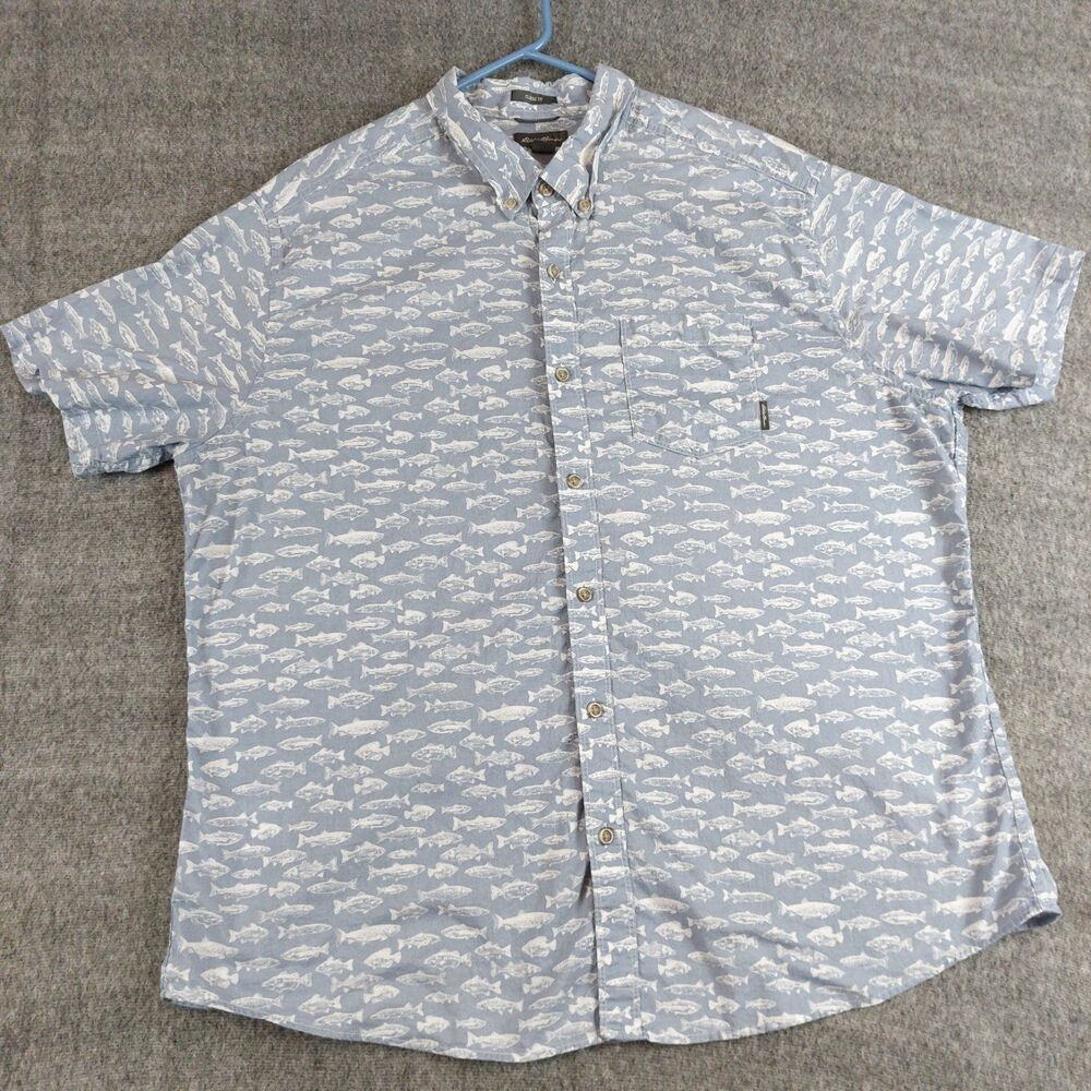 Eddie Bauer Classic Fit All Over Print Fish Button Down Shirt Men 2XL Pocket